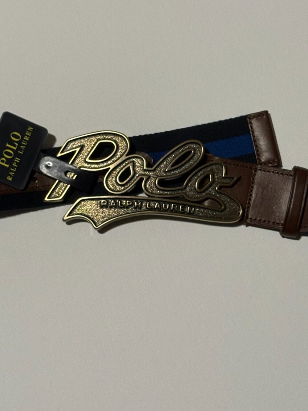 Polo Ralph Lauren Men’s Belt 34 Blue Stripe Oversized Logo Buckle NWT